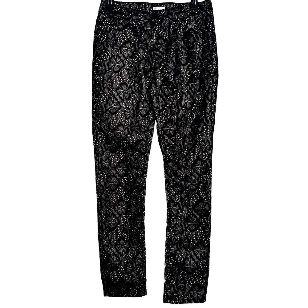 Xhilaration Black Floral Lace Overlay Slim Pants Nude Lining‎ Stretch Trousers 7